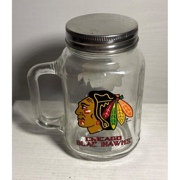 Chicago Blackhawks Glass Mason Jar Mug With Handle & Metal Lid 6" Tall - Picture 5 of 10
